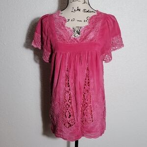 Sundance Shirt Silk Cotton Lace Embroidered Pink Flowy Soft Babydoll Small
